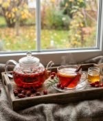 Demlenmiş kırmızı Kuşburnu Çayı bardağı