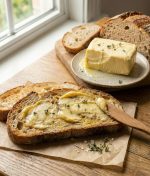 Ekmeğe sürülmüş taze tereyağı ve bal