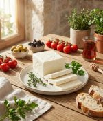 Domates ve salatalık eşliğinde beyaz peynir sunumu