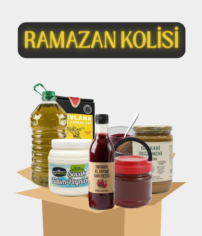 İlilal Gurme Ramazan Kolisi İçeriği 13 parçadan oluşan doğal ve yöresel ürünlerin bulunduğu Ramazan kolisi genel görünümü.